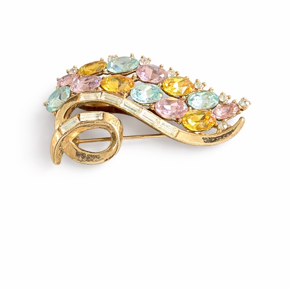 Vintage Signed Trifari Pastel Rhinestone Gold Tone Brooch